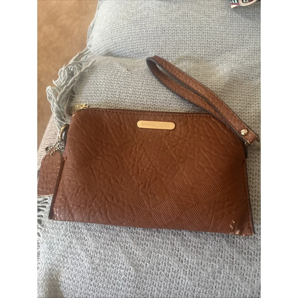 Michael Kors Jet Set Travel Large Double Zip Phone Wallet Wristlet Brown Pebble
